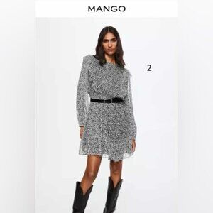 Mango - Women's Printed Long Sleeve Short Dress - Black/White. Size: 2 (US). NWT